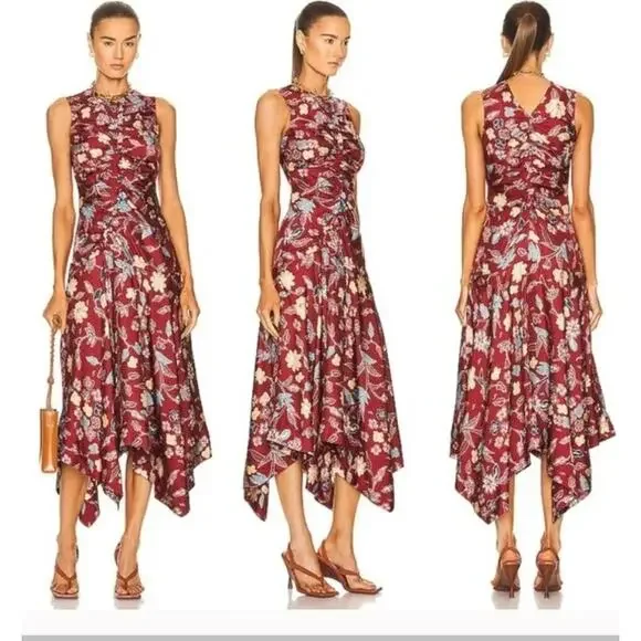 NEW Ulla Johnson Alma Asymmetric Ruched Silk Dress In Anemone Size 14 - Picture 9 of 10